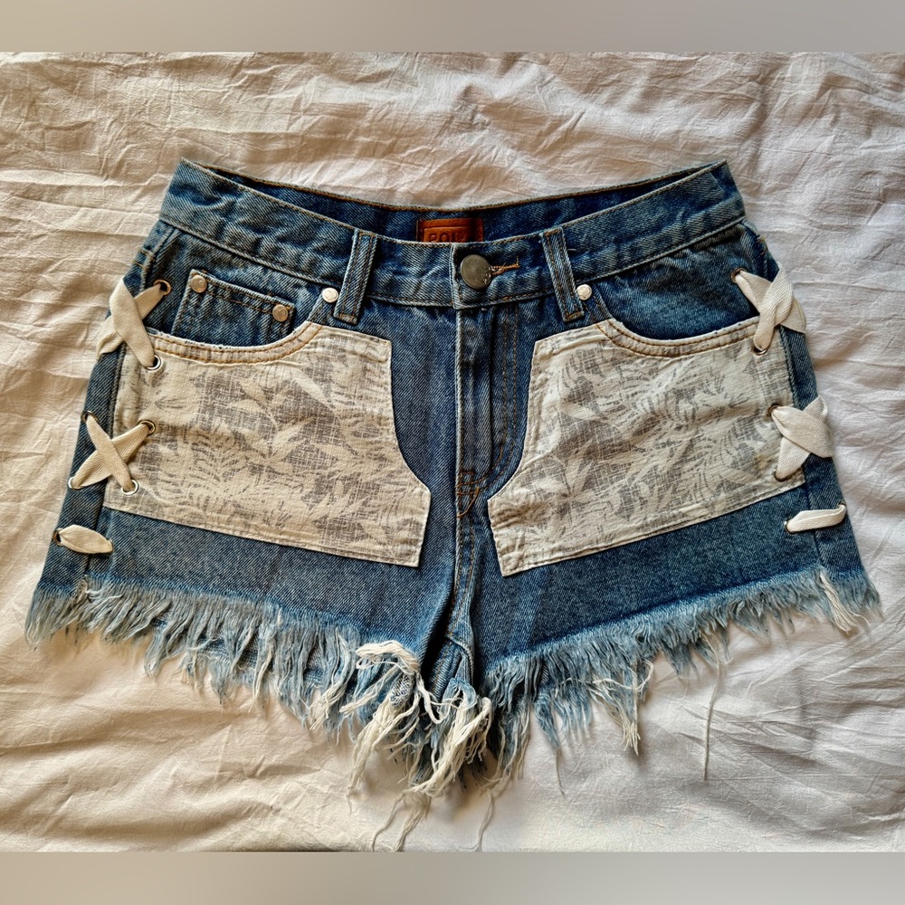 POL Denim Frayed Hem Shorts with front patch-work and Lace-Up Detail Brand New